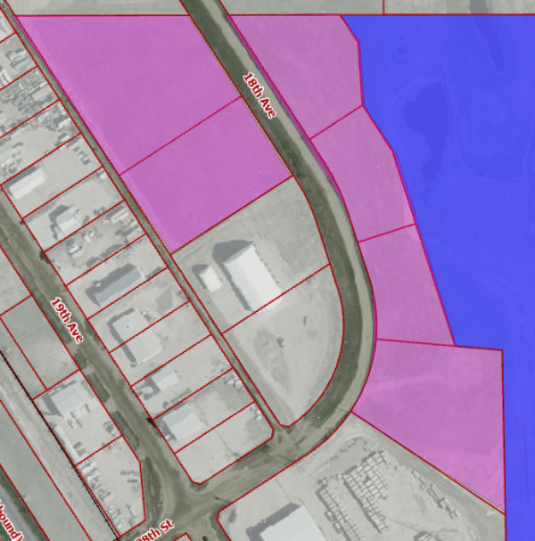 Nanton map with parcels for sale highlighted in pink and purple.