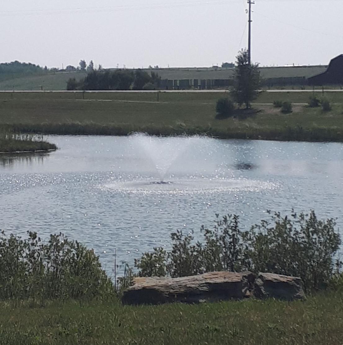 Westview Park pond and fountain. The pond is surrounded by grass and the park's pathway.