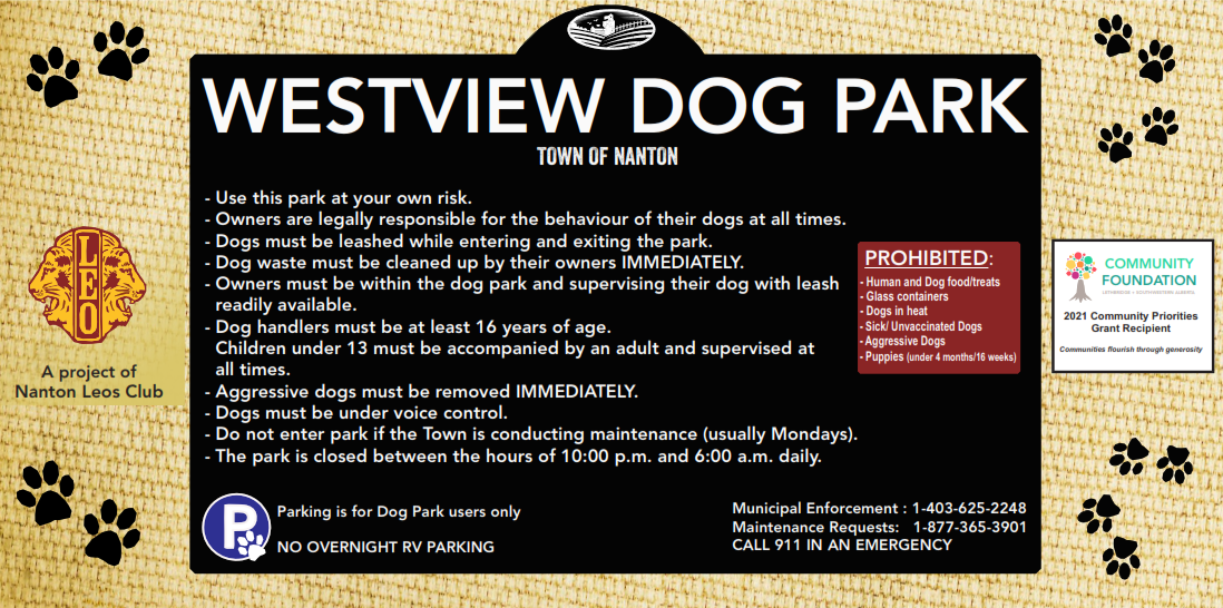 Rules for the Westview Dog Park in the Town of Nanton.